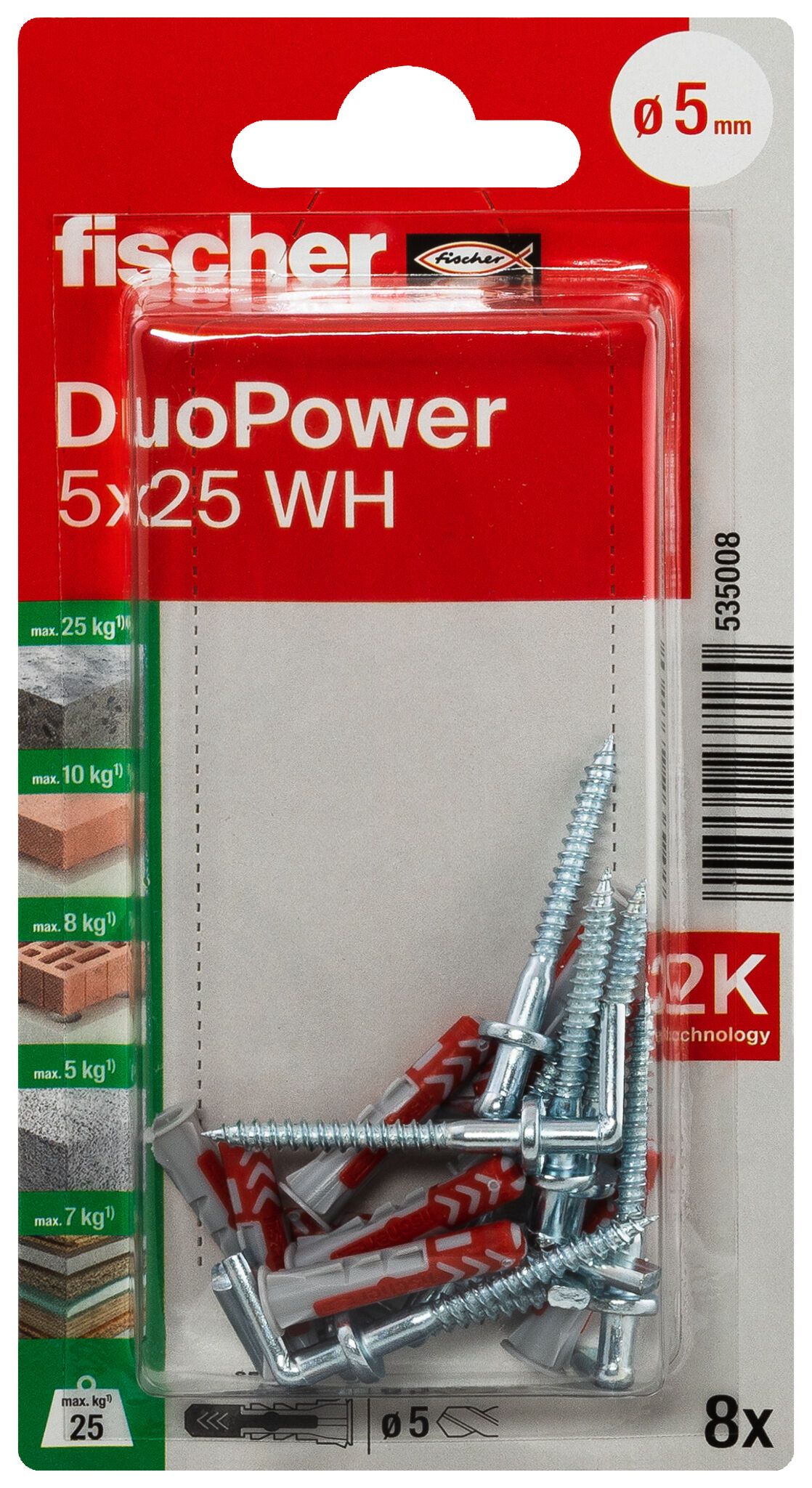 Fischer DuoPower kétkomponensű nylon dübel 5 x 25 WH K - derékszögű kampóval, bliszteres, 8 db/csomag termék fő termékképe